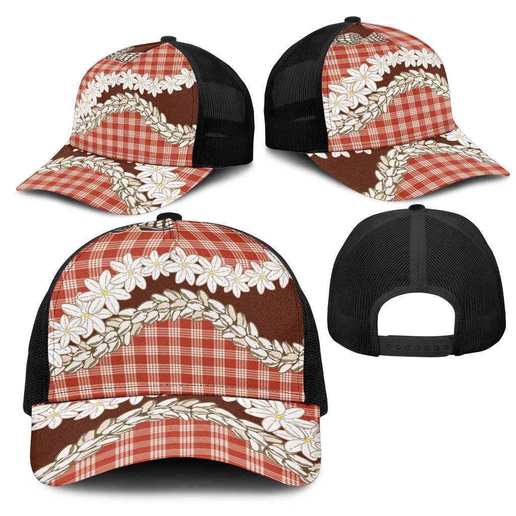 Red Hawaii Tiare and Shell Lei Mesh Trucker Cap Hawaiian Palaka Luxury Vibes - Polynesian Pride