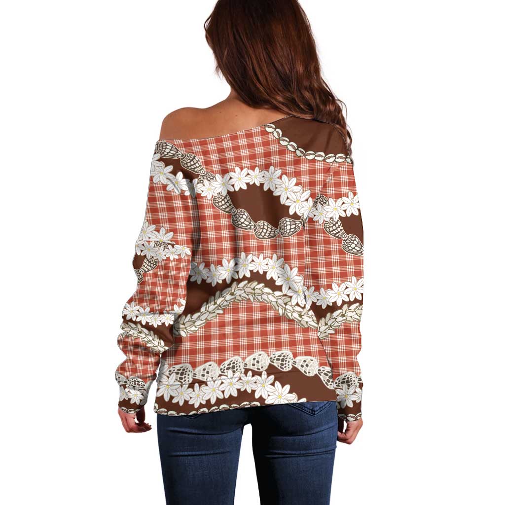 Red Hawaii Tiare and Shell Lei Off Shoulder Sweater Hawaiian Palaka Luxury Vibes - Polynesian Pride
