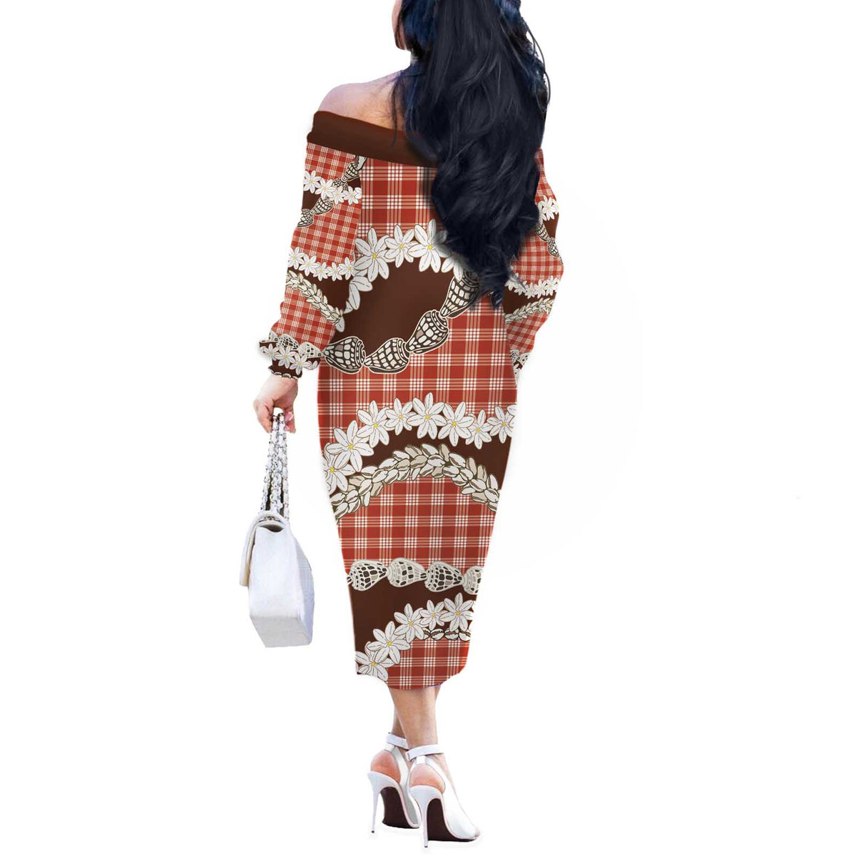 Red Hawaii Tiare and Shell Lei Off The Shoulder Long Sleeve Dress Hawaiian Palaka Luxury Vibes - Polynesian Pride