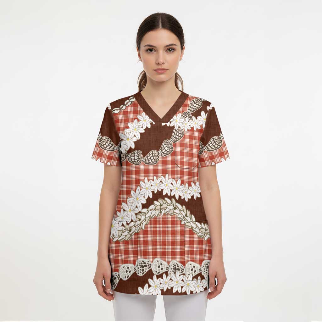 Red Hawaii Tiare and Shell Lei Scrub Top Hawaiian Palaka Luxury Vibes - Polynesian Pride