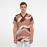 Red Hawaii Tiare and Shell Lei Scrub Top Hawaiian Palaka Luxury Vibes - Polynesian Pride