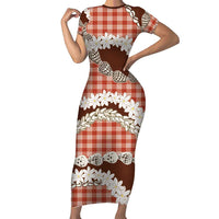 Red Hawaii Tiare and Shell Lei Short Sleeve Bodycon Dress Hawaiian Palaka Luxury Vibes - Polynesian Pride