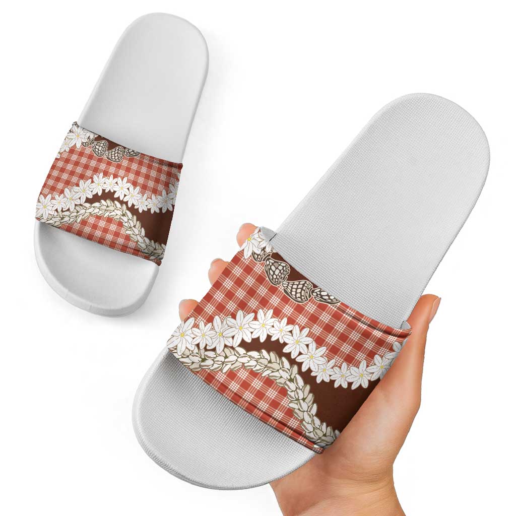 Red Hawaii Tiare and Shell Lei Slide Sandals Hawaiian Palaka Luxury Vibes - Polynesian Pride