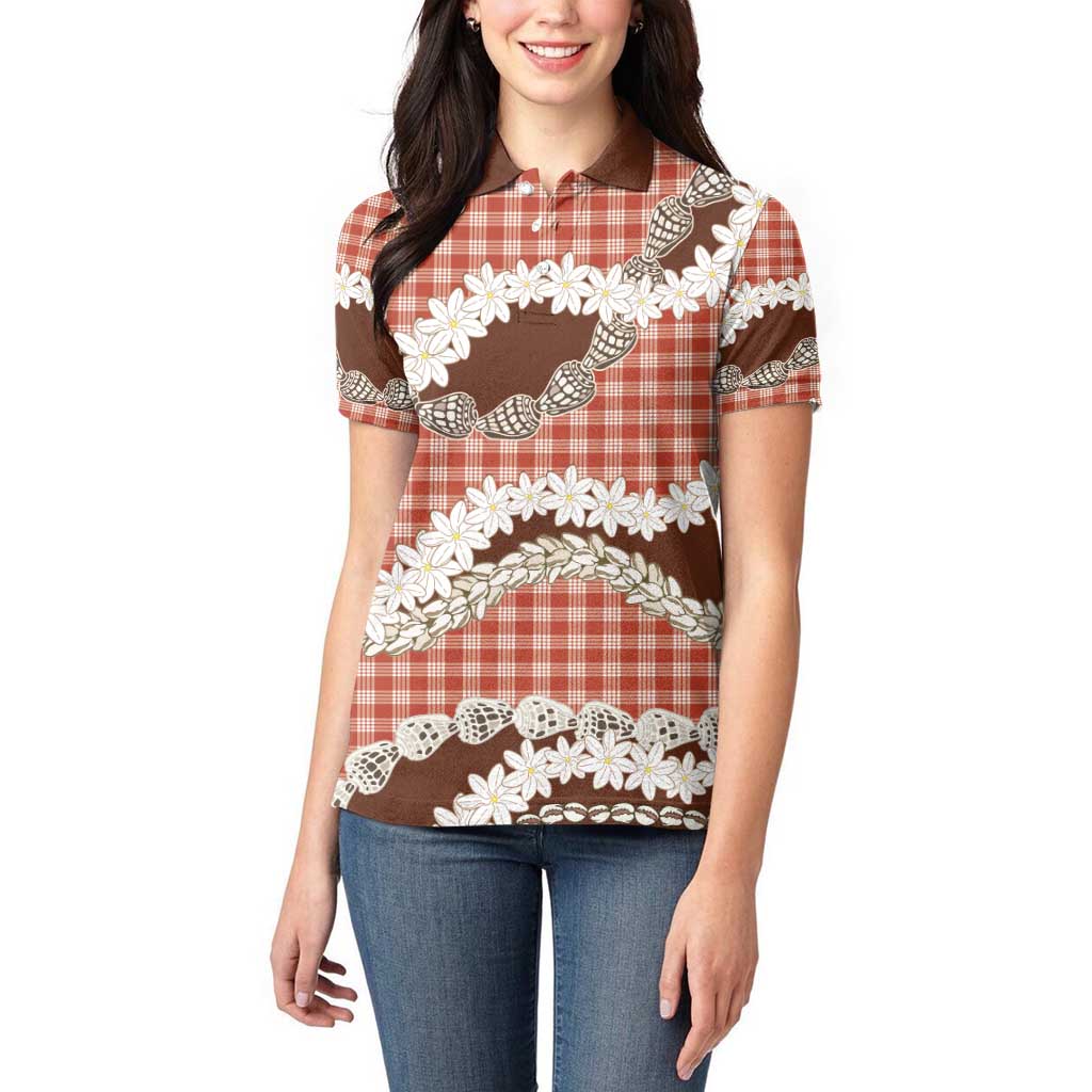 Red Hawaii Tiare and Shell Lei Women Polo Shirt Hawaiian Palaka Luxury Vibes - Polynesian Pride