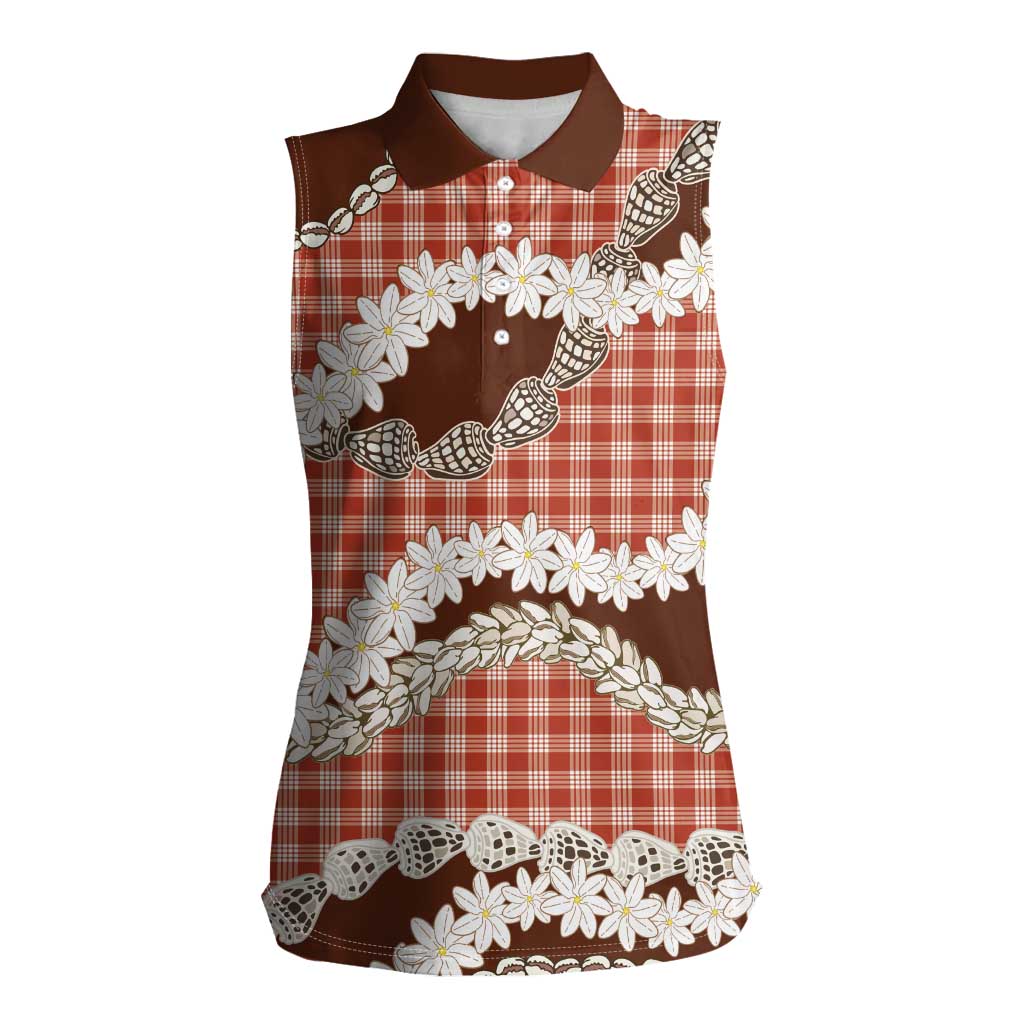 Red Hawaii Tiare and Shell Lei Women Sleeveless Polo Shirt Hawaiian Palaka Luxury Vibes LT14 Female Red - Polynesian Pride