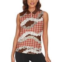 Red Hawaii Tiare and Shell Lei Women Sleeveless Polo Shirt Hawaiian Palaka Luxury Vibes LT14 - Polynesian Pride