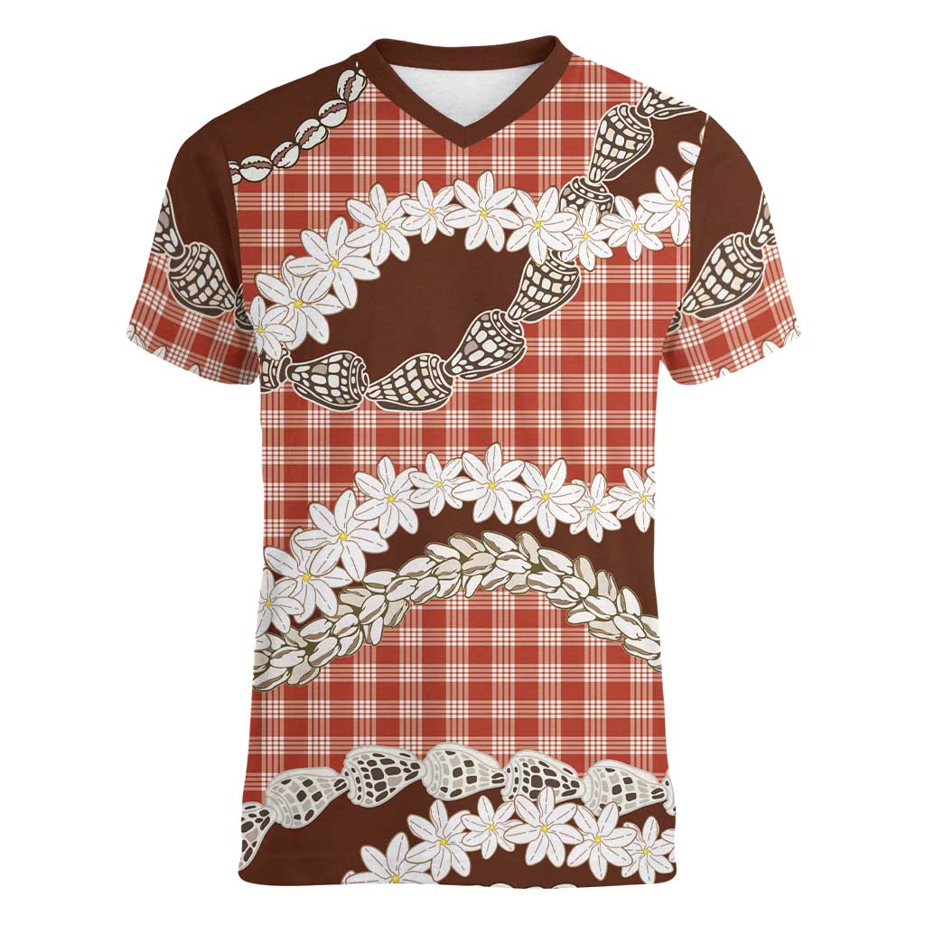 Red Hawaii Tiare and Shell Lei Women V-Neck T-Shirt Hawaiian Palaka Luxury Vibes - Polynesian Pride