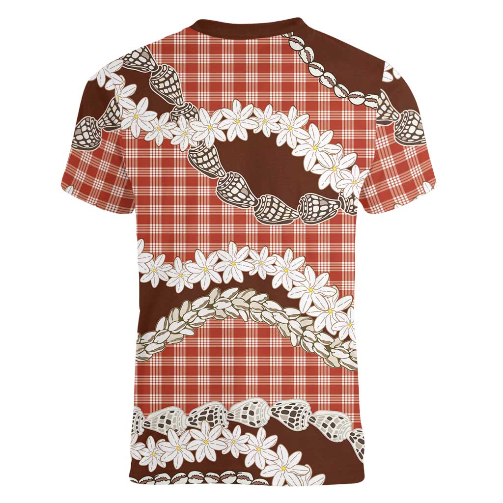 Red Hawaii Tiare and Shell Lei Women V-Neck T-Shirt Hawaiian Palaka Luxury Vibes LT14 - Polynesian Pride