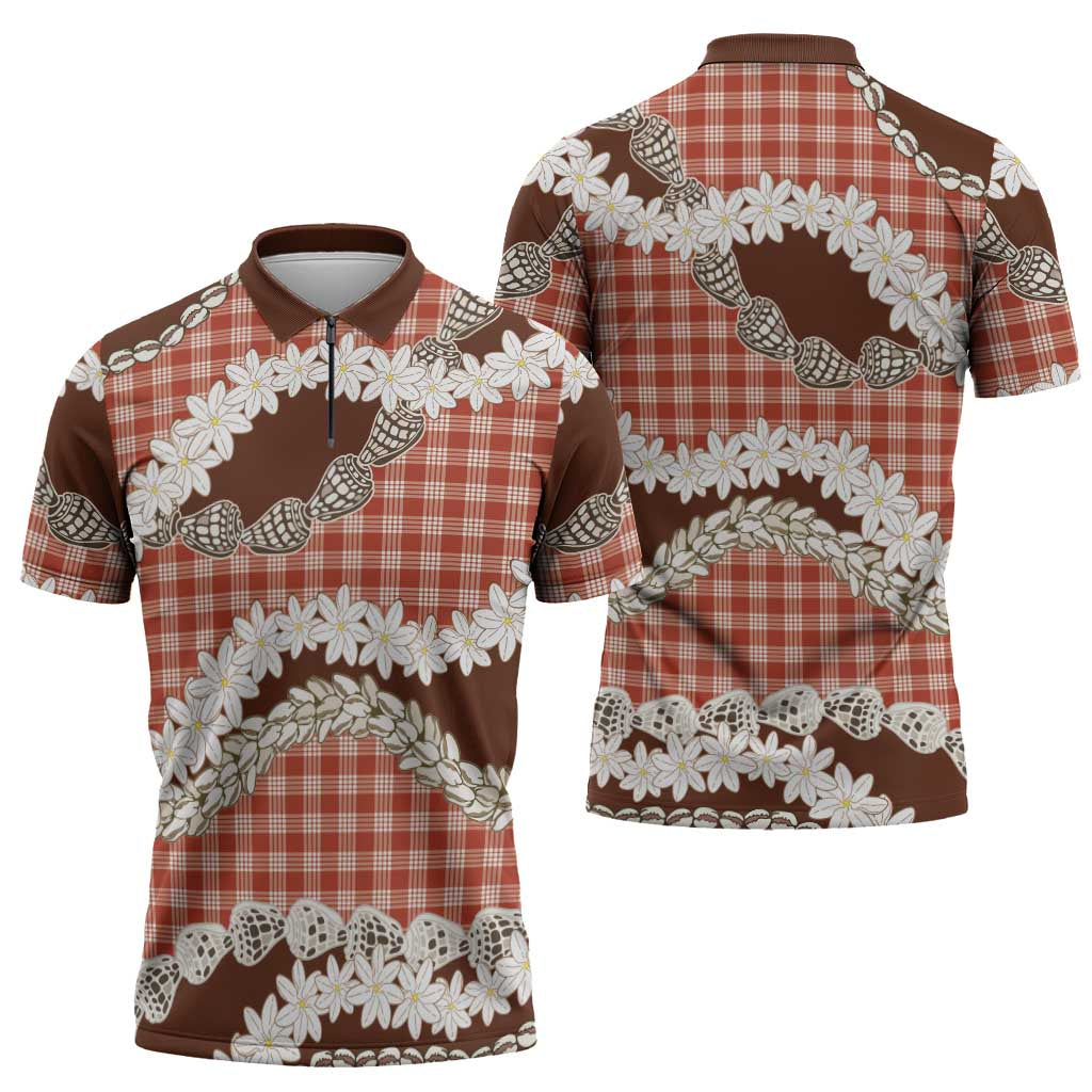 Red Hawaii Tiare and Shell Lei Zipper Polo Shirt Hawaiian Palaka Luxury Vibes - Polynesian Pride