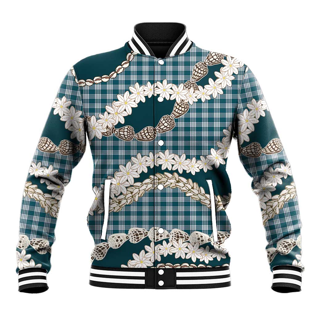 Dark Cyan Hawaii Tiare and Shell Lei Baseball Jacket Hawaiian Palaka Luxury Vibes - Polynesian Pride