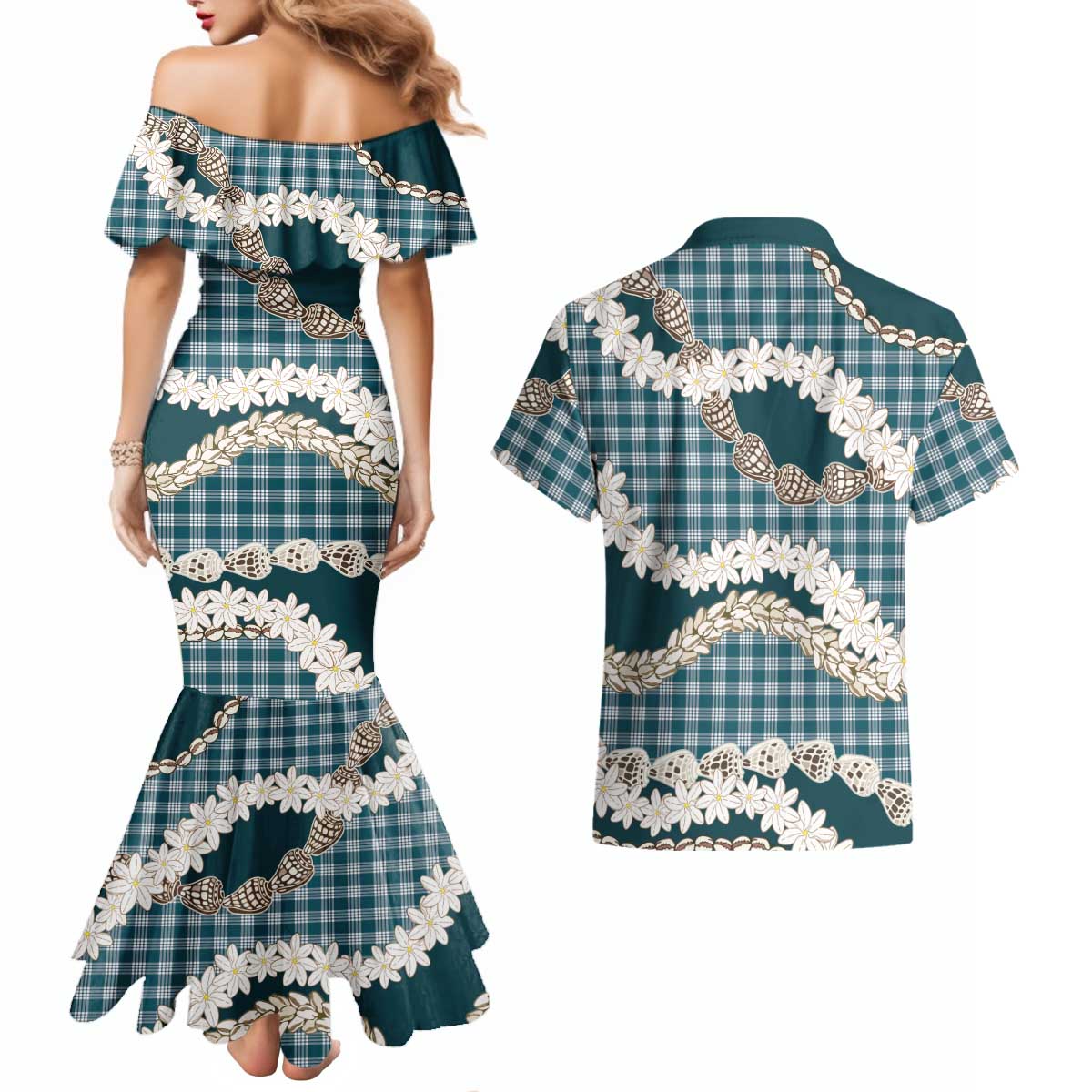 Dark Cyan Hawaii Tiare and Shell Lei Couples Matching Mermaid Dress and Hawaiian Shirt Hawaiian Palaka Luxury Vibes LT14 - Polynesian Pride