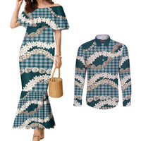Dark Cyan Hawaii Tiare and Shell Lei Couples Matching Mermaid Dress and Long Sleeve Button Shirt Hawaiian Palaka Luxury Vibes LT14 Dark Cyan - Polynesian Pride