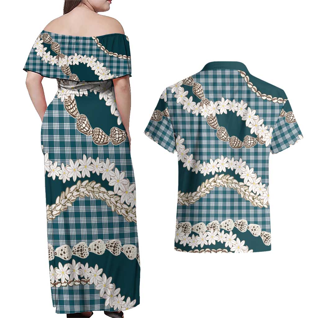 Dark Cyan Hawaii Tiare and Shell Lei Couples Matching Off Shoulder Maxi Dress and Hawaiian Shirt Hawaiian Palaka Luxury Vibes LT14 - Polynesian Pride