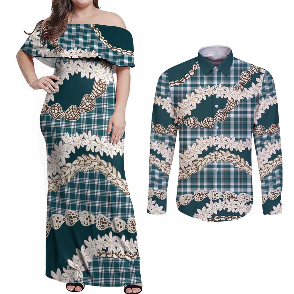Dark Cyan Hawaii Tiare and Shell Lei Couples Matching Off Shoulder Maxi Dress and Long Sleeve Button Shirt Hawaiian Palaka Luxury Vibes LT14 Dark Cyan - Polynesian Pride