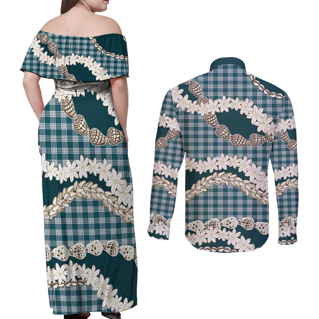 Dark Cyan Hawaii Tiare and Shell Lei Couples Matching Off Shoulder Maxi Dress and Long Sleeve Button Shirt Hawaiian Palaka Luxury Vibes LT14 - Polynesian Pride