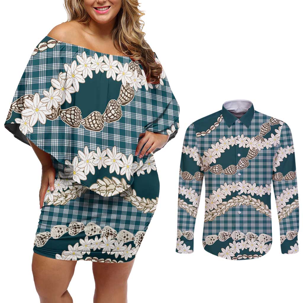 Dark Cyan Hawaii Tiare and Shell Lei Couples Matching Off Shoulder Short Dress and Long Sleeve Button Shirt Hawaiian Palaka Luxury Vibes LT14 Dark Cyan - Polynesian Pride