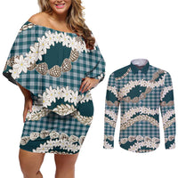 Dark Cyan Hawaii Tiare and Shell Lei Couples Matching Off Shoulder Short Dress and Long Sleeve Button Shirt Hawaiian Palaka Luxury Vibes LT14 Dark Cyan - Polynesian Pride