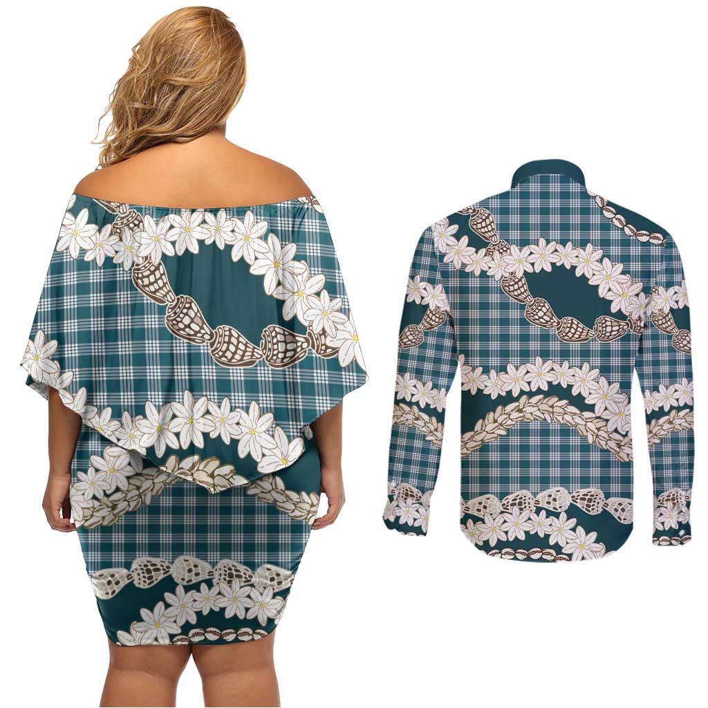 Dark Cyan Hawaii Tiare and Shell Lei Couples Matching Off Shoulder Short Dress and Long Sleeve Button Shirt Hawaiian Palaka Luxury Vibes LT14 - Polynesian Pride