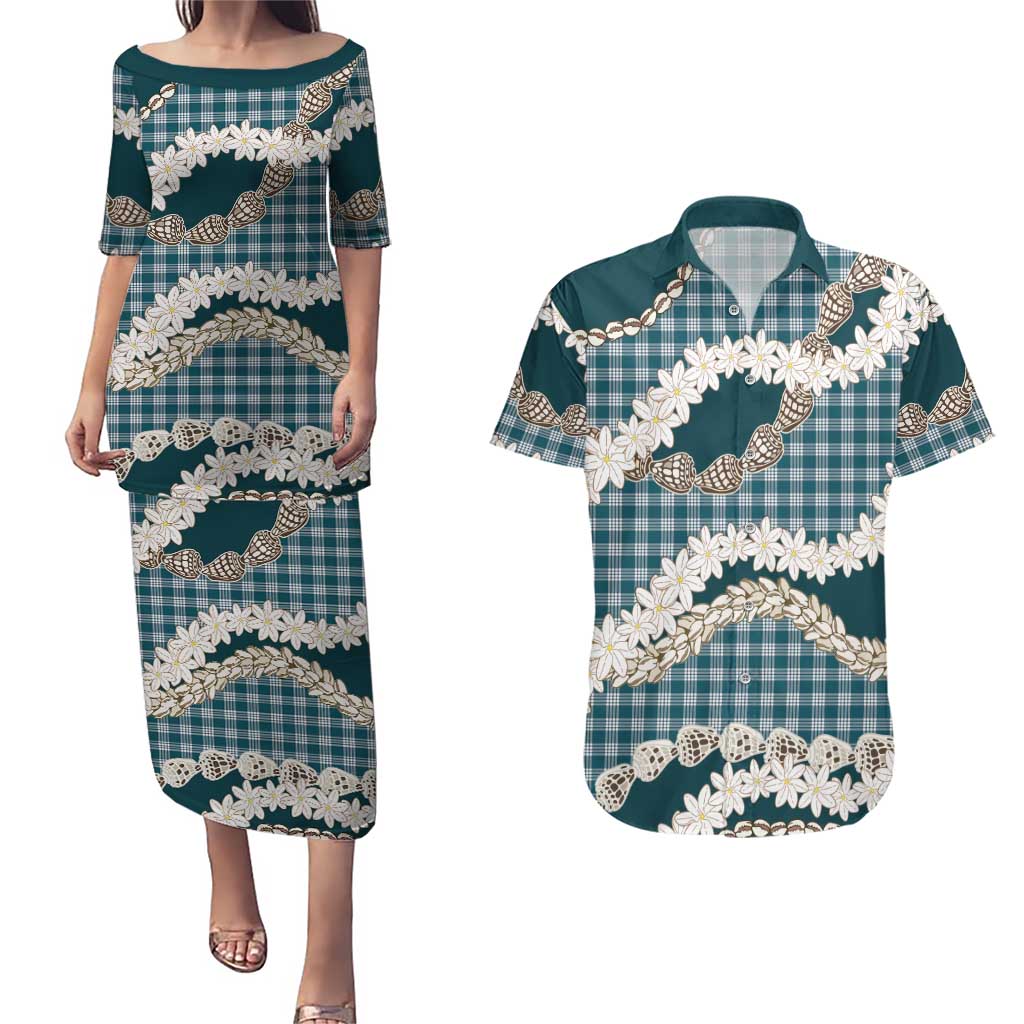 Dark Cyan Hawaii Tiare and Shell Lei Couples Matching Puletasi and Hawaiian Shirt Hawaiian Palaka Luxury Vibes LT14 Dark Cyan - Polynesian Pride