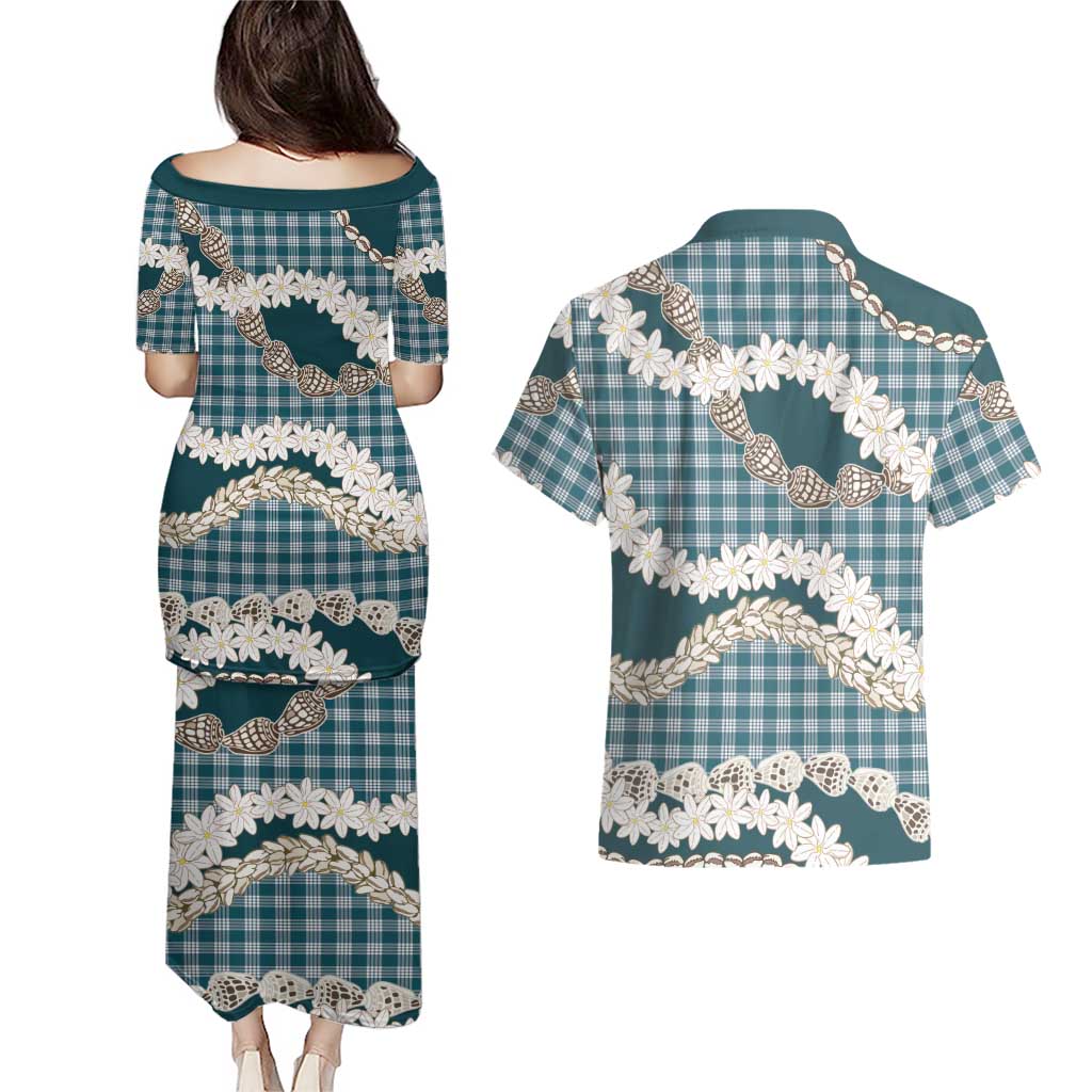 Dark Cyan Hawaii Tiare and Shell Lei Couples Matching Puletasi and Hawaiian Shirt Hawaiian Palaka Luxury Vibes LT14 - Polynesian Pride