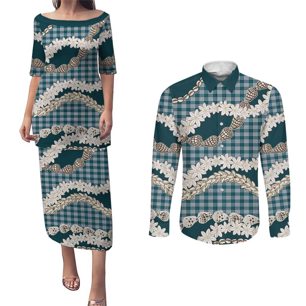 Dark Cyan Hawaii Tiare and Shell Lei Couples Matching Puletasi and Long Sleeve Button Shirt Hawaiian Palaka Luxury Vibes LT14 Dark Cyan - Polynesian Pride
