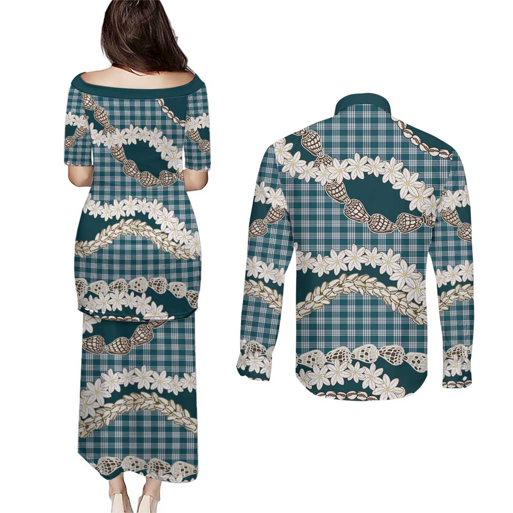 Dark Cyan Hawaii Tiare and Shell Lei Couples Matching Puletasi and Long Sleeve Button Shirt Hawaiian Palaka Luxury Vibes LT14 - Polynesian Pride