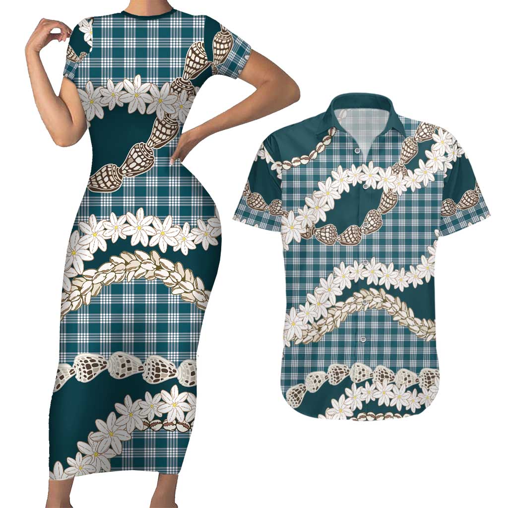 Dark Cyan Hawaii Tiare and Shell Lei Couples Matching Short Sleeve Bodycon Dress and Hawaiian Shirt Hawaiian Palaka Luxury Vibes LT14 Dark Cyan - Polynesian Pride