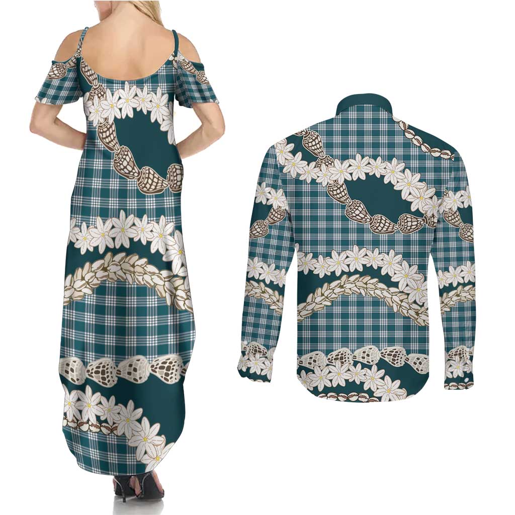 Dark Cyan Hawaii Tiare and Shell Lei Couples Matching Summer Maxi Dress and Long Sleeve Button Shirt Hawaiian Palaka Luxury Vibes LT14 - Polynesian Pride