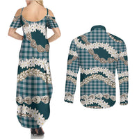 Dark Cyan Hawaii Tiare and Shell Lei Couples Matching Summer Maxi Dress and Long Sleeve Button Shirt Hawaiian Palaka Luxury Vibes LT14 - Polynesian Pride