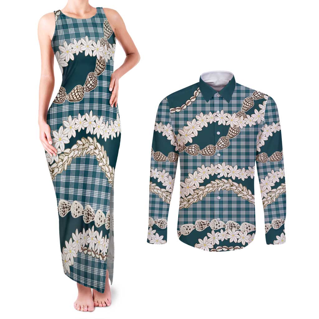 Dark Cyan Hawaii Tiare and Shell Lei Couples Matching Tank Maxi Dress and Long Sleeve Button Shirt Hawaiian Palaka Luxury Vibes LT14 Dark Cyan - Polynesian Pride