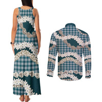 Dark Cyan Hawaii Tiare and Shell Lei Couples Matching Tank Maxi Dress and Long Sleeve Button Shirt Hawaiian Palaka Luxury Vibes LT14 - Polynesian Pride