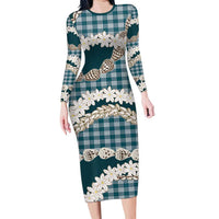 Dark Cyan Hawaii Tiare and Shell Lei Family Matching Long Sleeve Bodycon Dress and Hawaiian Shirt Hawaiian Palaka Luxury Vibes LT14 Mom's Dress Dark Cyan - Polynesian Pride