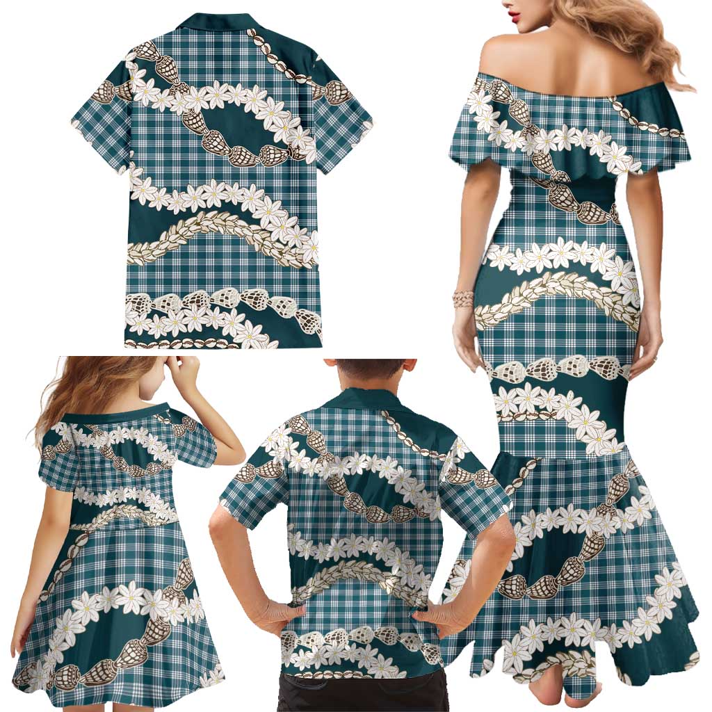 Dark Cyan Hawaii Tiare and Shell Lei Family Matching Mermaid Dress and Hawaiian Shirt Hawaiian Palaka Luxury Vibes LT14 - Polynesian Pride