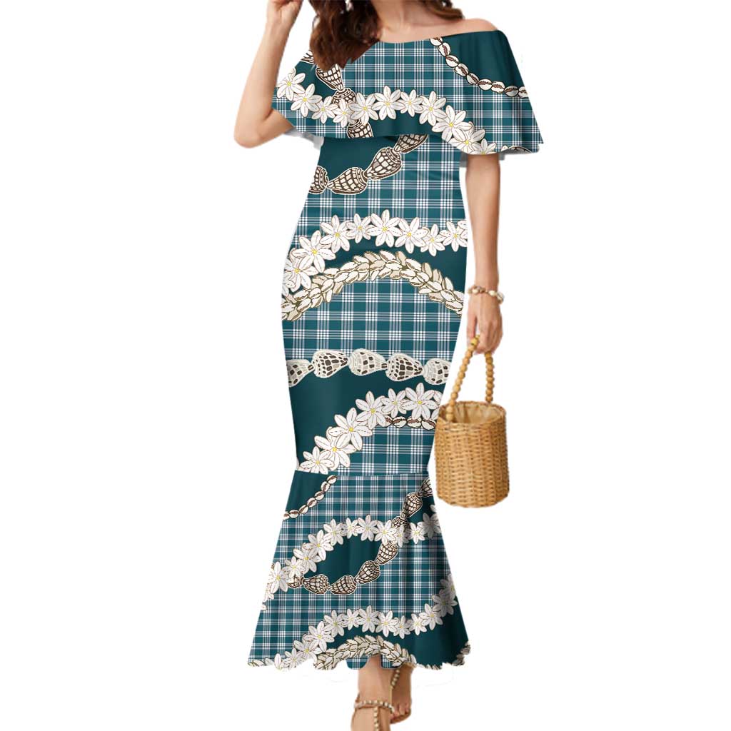 Dark Cyan Hawaii Tiare and Shell Lei Family Matching Mermaid Dress and Hawaiian Shirt Hawaiian Palaka Luxury Vibes LT14 Mom's Dress Dark Cyan - Polynesian Pride