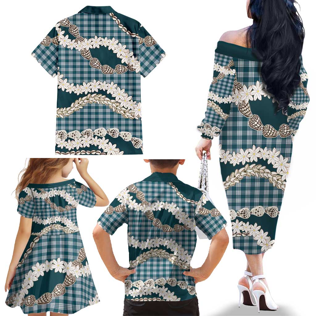 Dark Cyan Hawaii Tiare and Shell Lei Family Matching Off The Shoulder Long Sleeve Dress and Hawaiian Shirt Hawaiian Palaka Luxury Vibes LT14 - Polynesian Pride