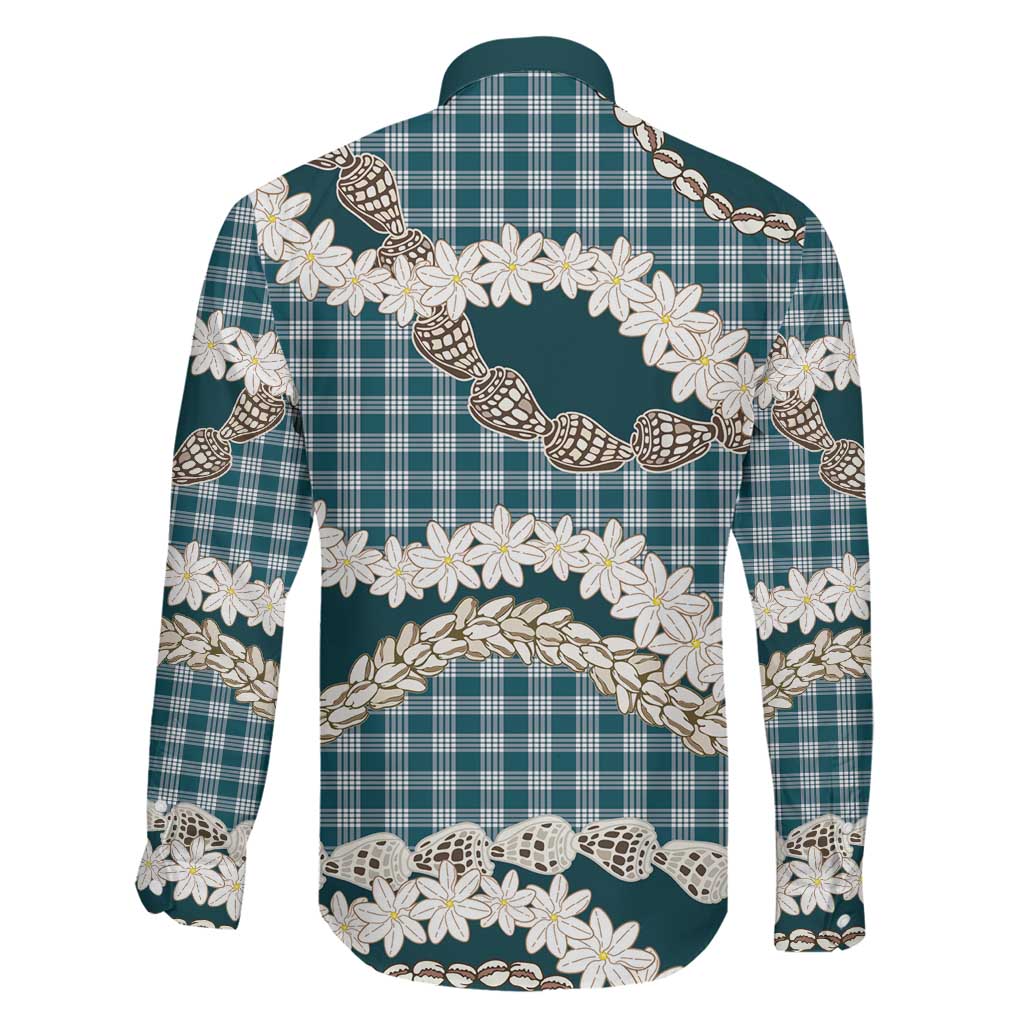 Dark Cyan Hawaii Tiare and Shell Lei Family Matching Off The Shoulder Long Sleeve Dress and Hawaiian Shirt Hawaiian Palaka Luxury Vibes LT14 - Polynesian Pride