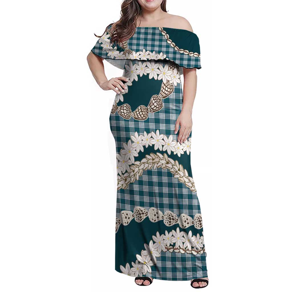 Dark Cyan Hawaii Tiare and Shell Lei Family Matching Off Shoulder Maxi Dress and Hawaiian Shirt Hawaiian Palaka Luxury Vibes LT14 Mom's Dress Dark Cyan - Polynesian Pride