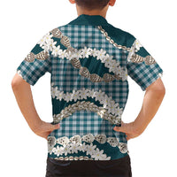 Dark Cyan Hawaii Tiare and Shell Lei Family Matching Off Shoulder Short Dress and Hawaiian Shirt Hawaiian Palaka Luxury Vibes LT14 - Polynesian Pride