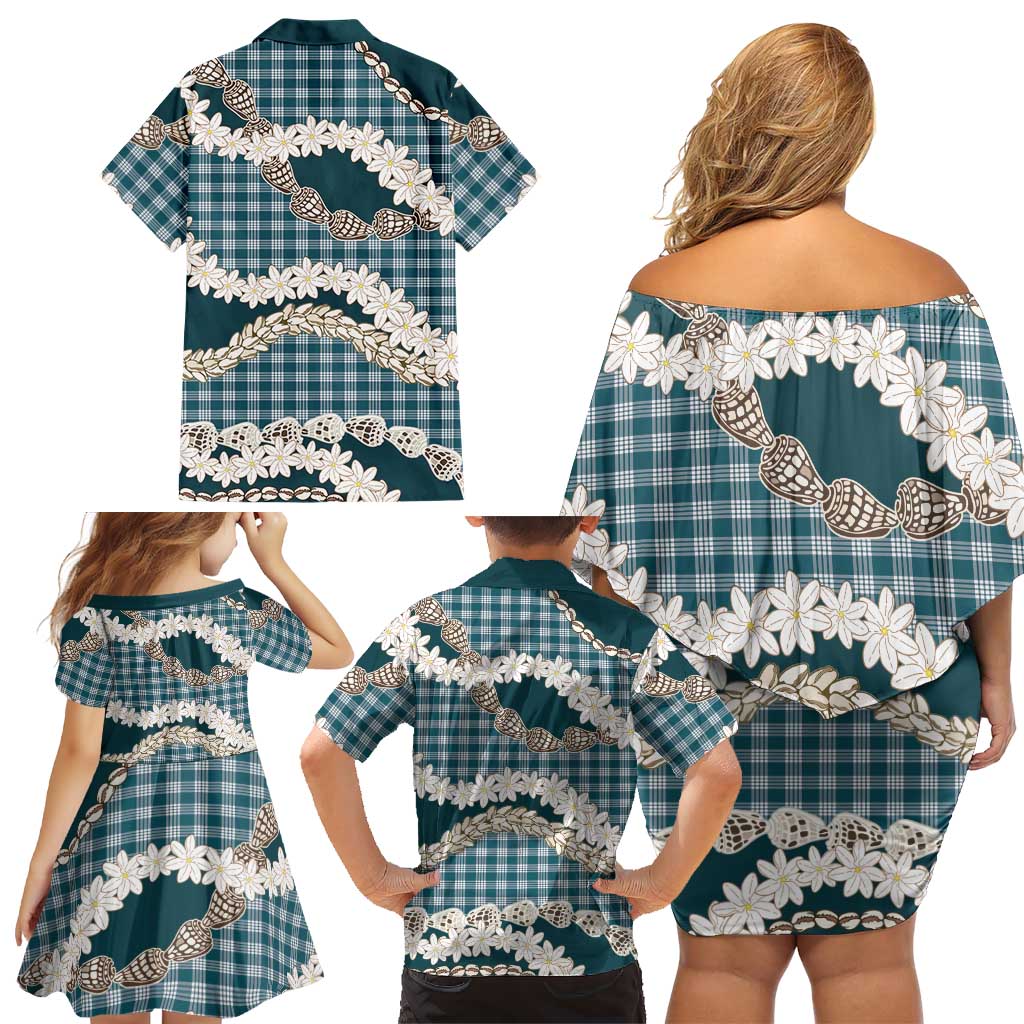 Dark Cyan Hawaii Tiare and Shell Lei Family Matching Off Shoulder Short Dress and Hawaiian Shirt Hawaiian Palaka Luxury Vibes LT14 - Polynesian Pride