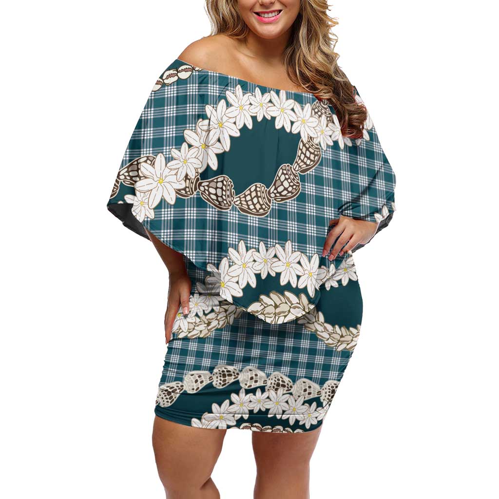 Dark Cyan Hawaii Tiare and Shell Lei Family Matching Off Shoulder Short Dress and Hawaiian Shirt Hawaiian Palaka Luxury Vibes LT14 Mom's Dress Dark Cyan - Polynesian Pride