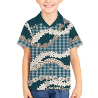 Dark Cyan Hawaii Tiare and Shell Lei Family Matching Off Shoulder Short Dress and Hawaiian Shirt Hawaiian Palaka Luxury Vibes LT14 Son's Shirt Dark Cyan - Polynesian Pride