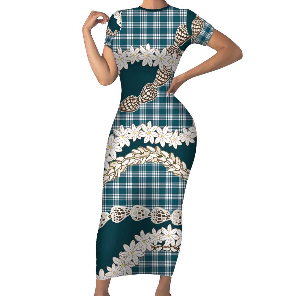 Dark Cyan Hawaii Tiare and Shell Lei Family Matching Short Sleeve Bodycon Dress and Hawaiian Shirt Hawaiian Palaka Luxury Vibes LT14 Mom's Dress Dark Cyan - Polynesian Pride