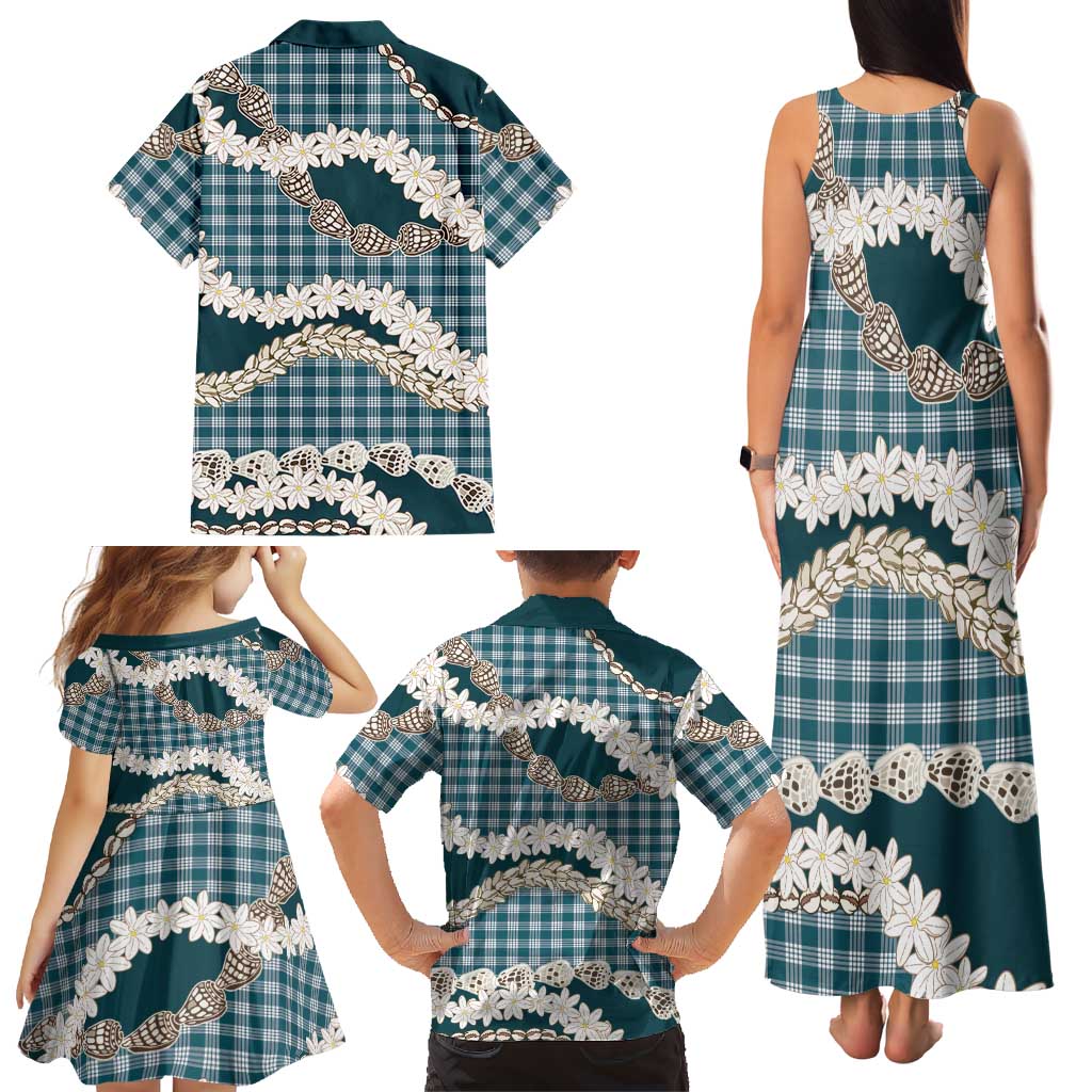 Dark Cyan Hawaii Tiare and Shell Lei Family Matching Tank Maxi Dress and Hawaiian Shirt Hawaiian Palaka Luxury Vibes LT14 - Polynesian Pride