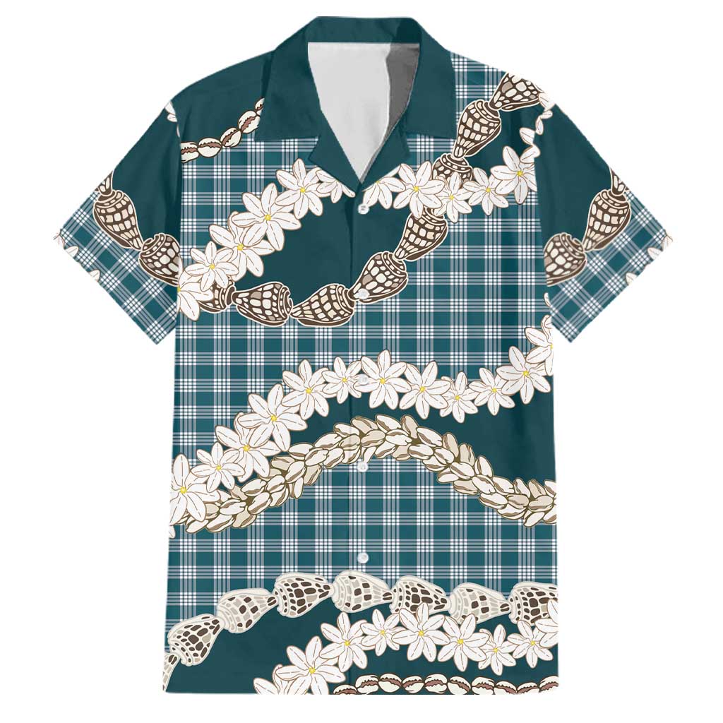 Dark Cyan Hawaii Tiare and Shell Lei Family Matching Tank Maxi Dress and Hawaiian Shirt Hawaiian Palaka Luxury Vibes LT14 Dad's Shirt - Short Sleeve Dark Cyan - Polynesian Pride