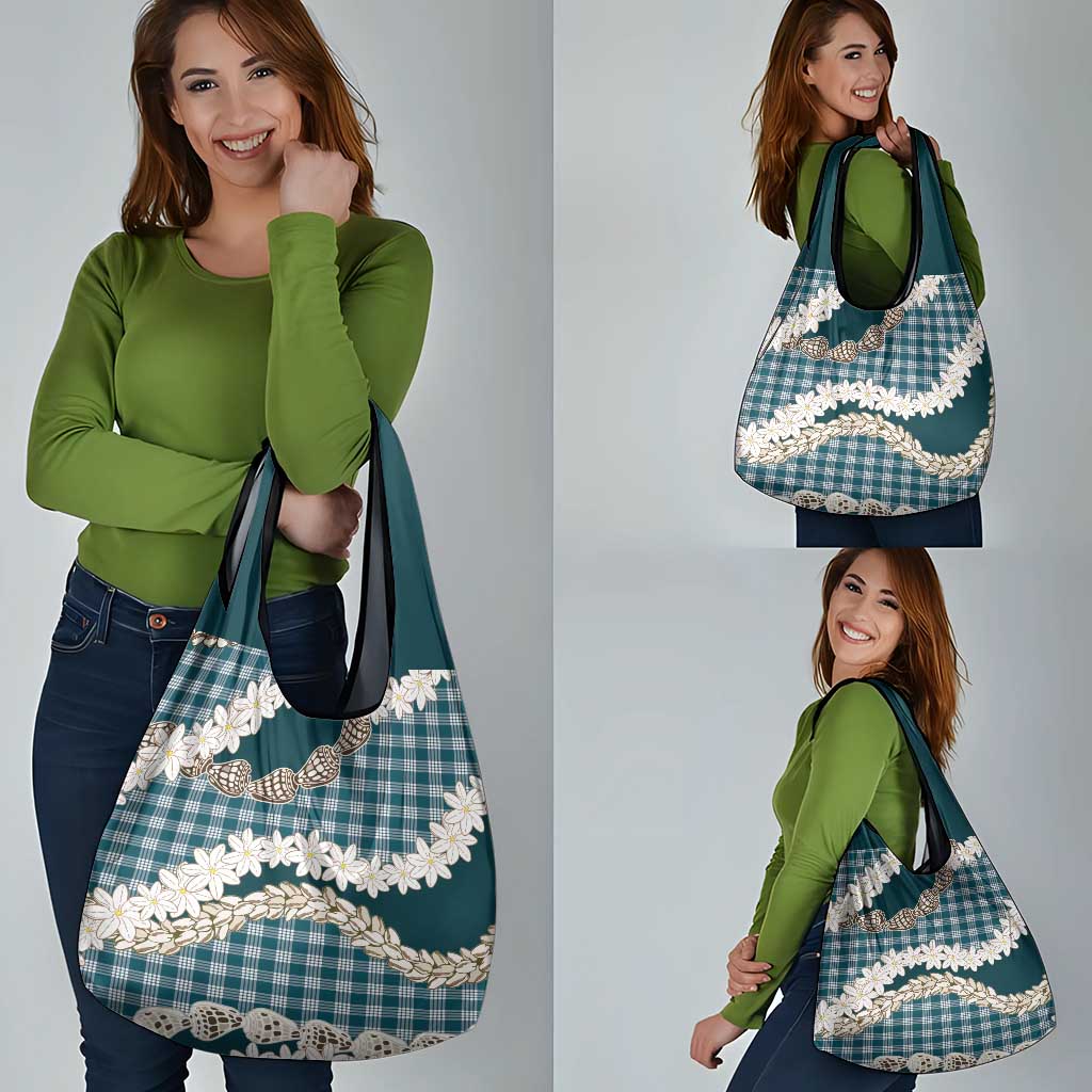 Dark Cyan Hawaii Tiare and Shell Lei Grocery Bag Hawaiian Palaka Luxury Vibes - Polynesian Pride
