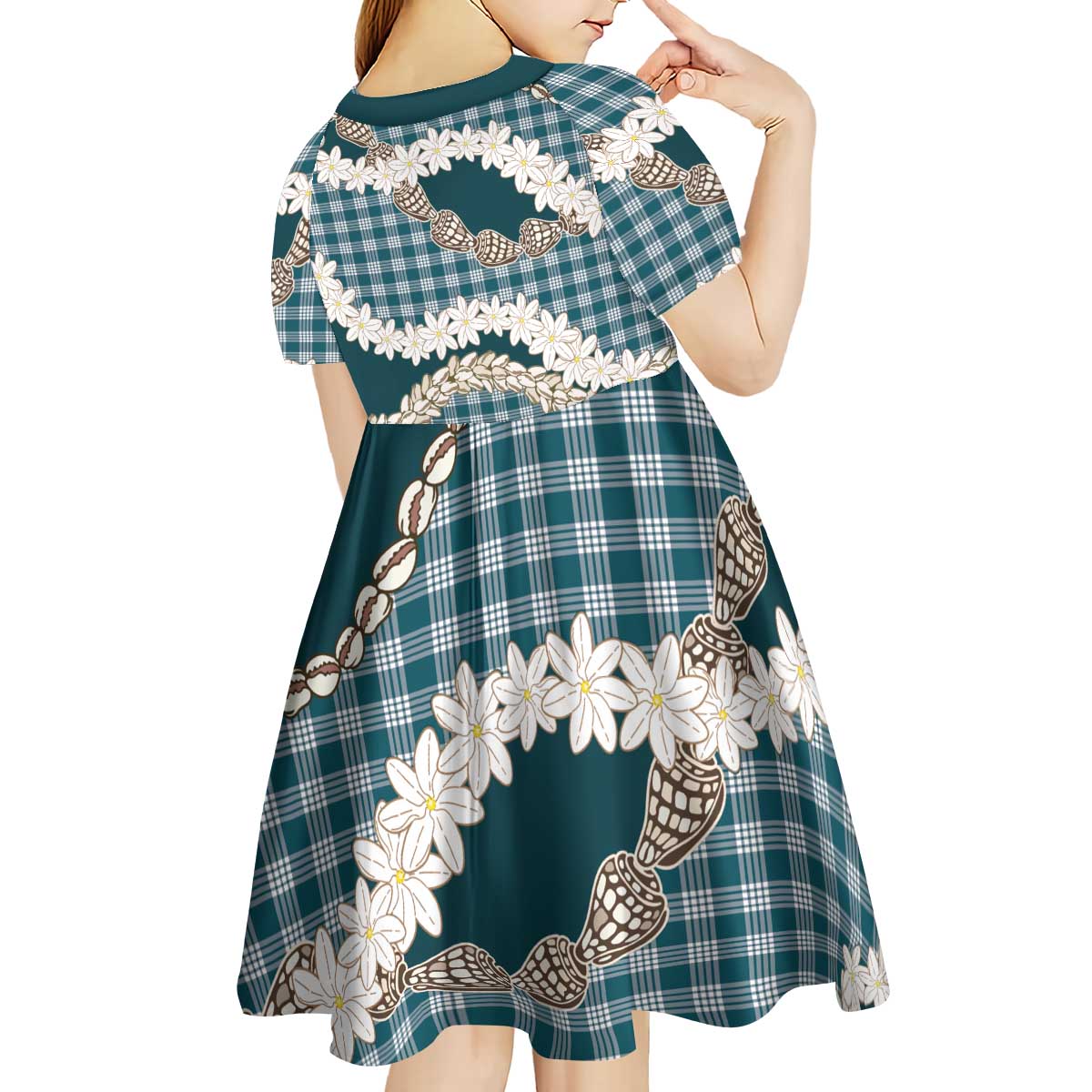 Dark Cyan Hawaii Tiare and Shell Lei Kid Short Sleeve Dress Hawaiian Palaka Luxury Vibes LT14 - Polynesian Pride