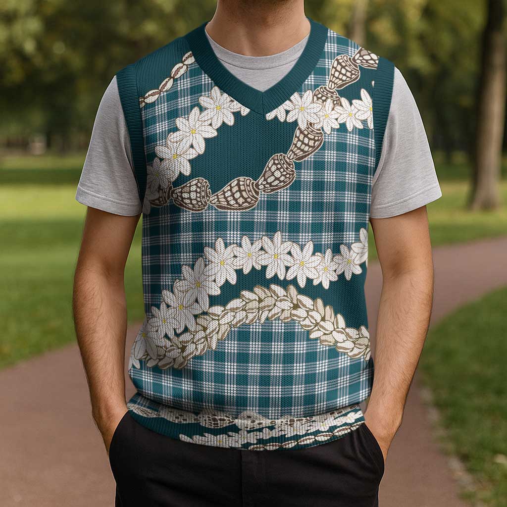 Dark Cyan Hawaii Tiare and Shell Lei Christmas Knitted V-Neck Vest Hawaiian Palaka Luxury Vibes LT14 - Polynesian Pride