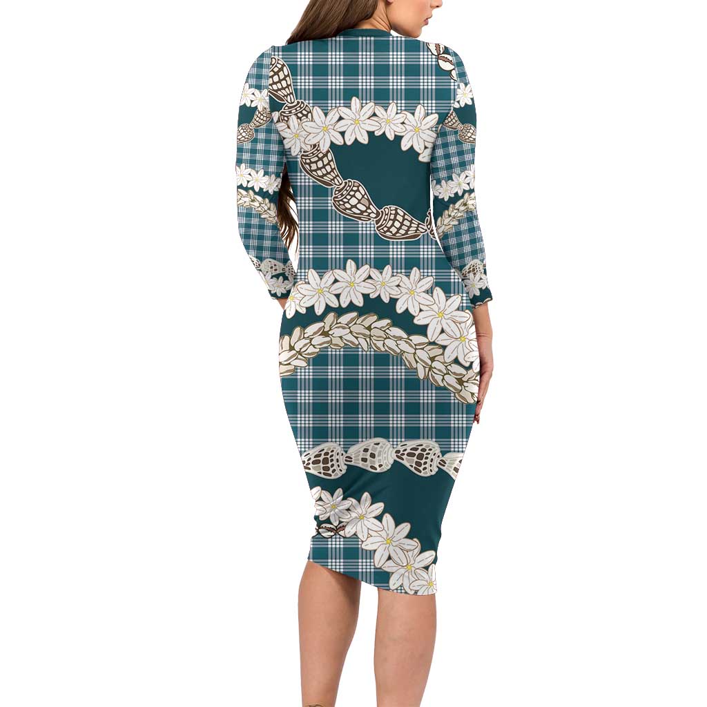 Dark Cyan Hawaii Tiare and Shell Lei Long Sleeve Bodycon Dress Hawaiian Palaka Luxury Vibes LT14 - Polynesian Pride