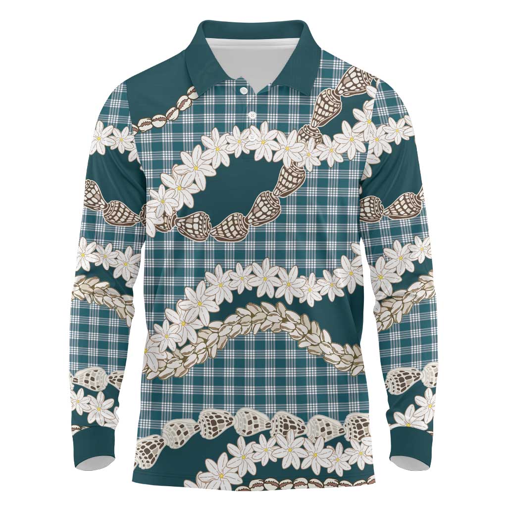 Dark Cyan Hawaii Tiare and Shell Lei Long Sleeve Polo Shirt Hawaiian Palaka Luxury Vibes LT14 Dark Cyan - Polynesian Pride