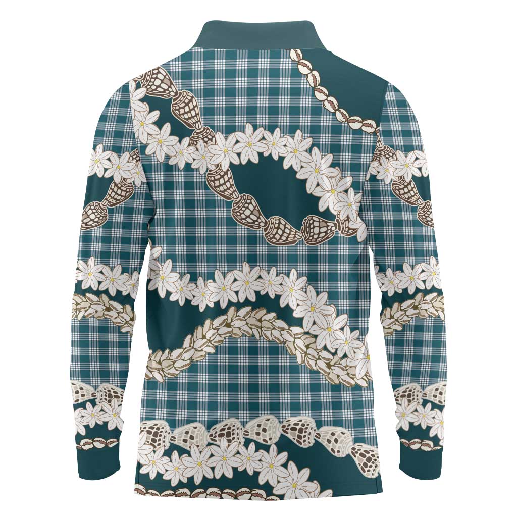 Dark Cyan Hawaii Tiare and Shell Lei Long Sleeve Polo Shirt Hawaiian Palaka Luxury Vibes LT14 - Polynesian Pride
